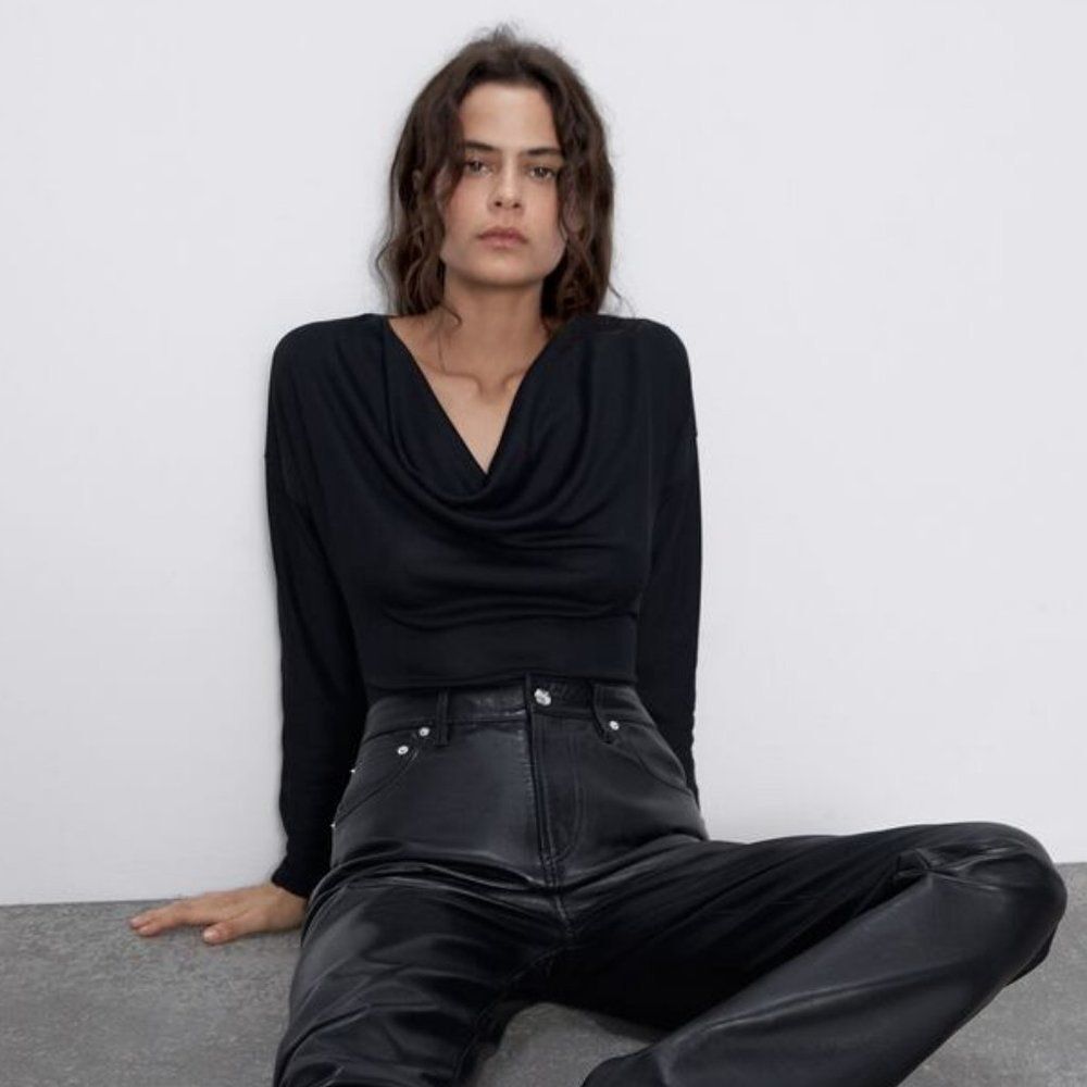 NWT Zara Black Satin Draped Long Sleeve Bodysuit
